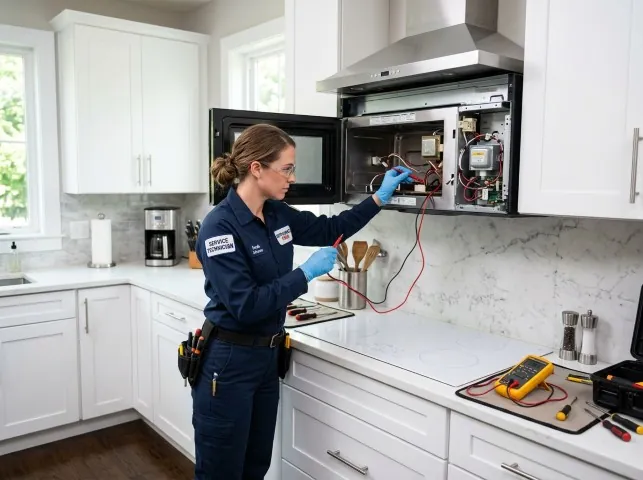Appliance Repair Hero technician testing an over-the-range microwave in a Ault, CO kitchen